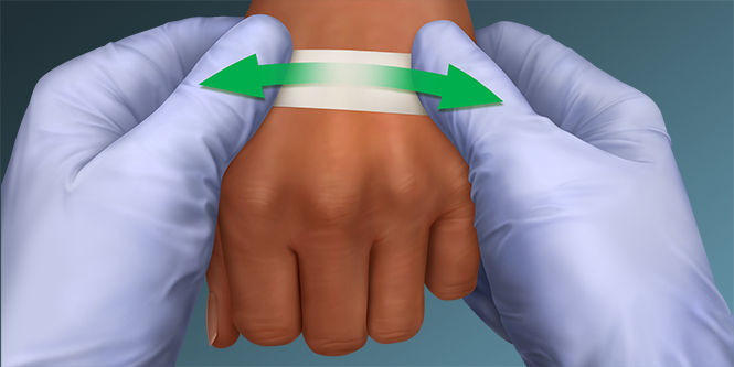 Apply firm pressure to activate the adhesive and fully contact skin

