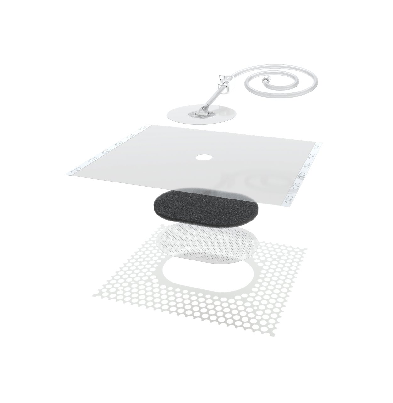 Exploded top view of the different layers of the 3M™ V.A.C.® Peel and Place Dressing, 3M™ Dermatac™ Drape, 3M™ V.A.C.® Granufoam Dressing, Perforated Non-adherent Layer, 3M™ SensaT.R.A.C.™ Pad Hole. Product Image, Transparent background, rgb, png