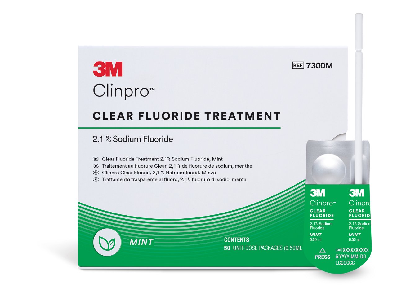 3M™ Clinpro™ Clear Flouride Treatment, mint, 50ct box, front view with LPop, cmyk, tif