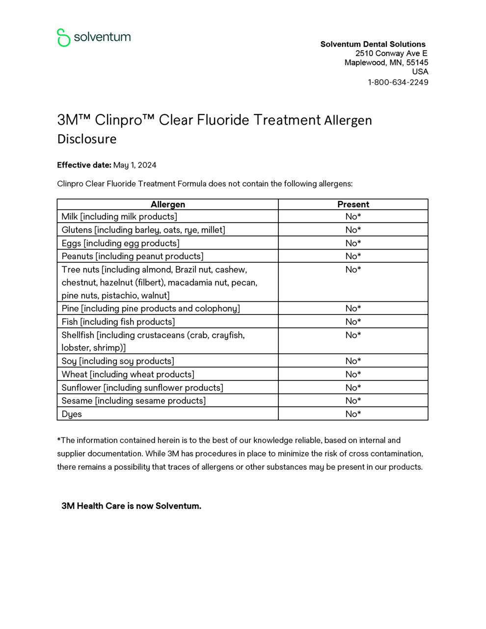 3M™ Clinpro™ Clear Fluoride Treatment Allergen Letter