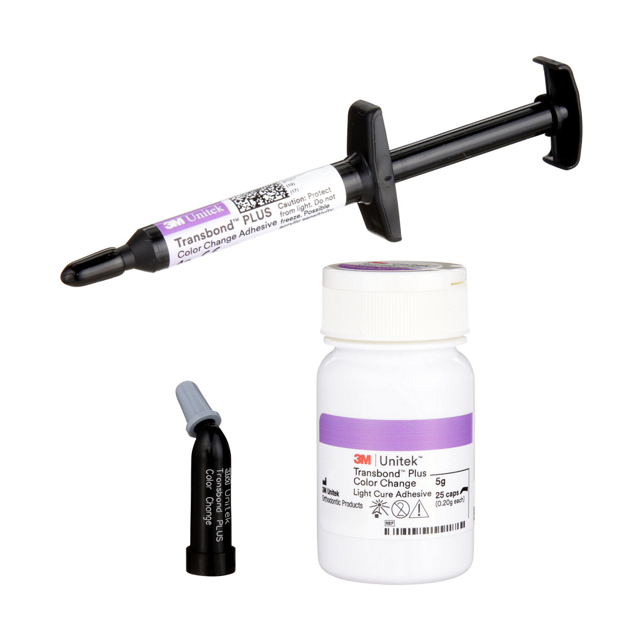 Transbond Plus Color Change Adhesive: Family Product shot with syringe, bottle and capsule