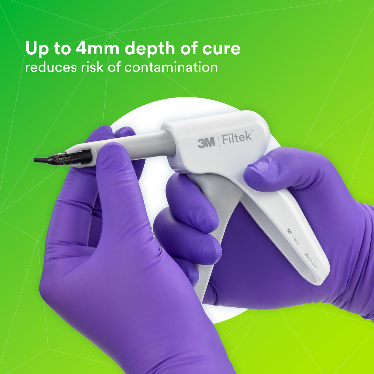 (2) 3M™ Filtek™ Bulk Fill Flowable Restorative Capsule: Up to 3mm depth of cure