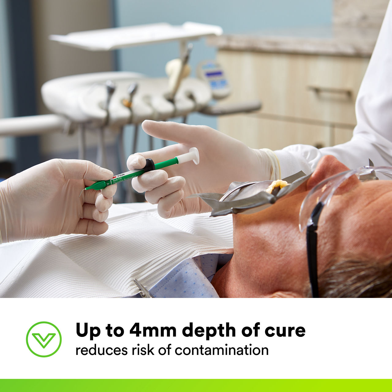 (4) 3M™ Filtek™ Bulk Fill Flowable Restorative Syringe: Up to 4mm depth of cure