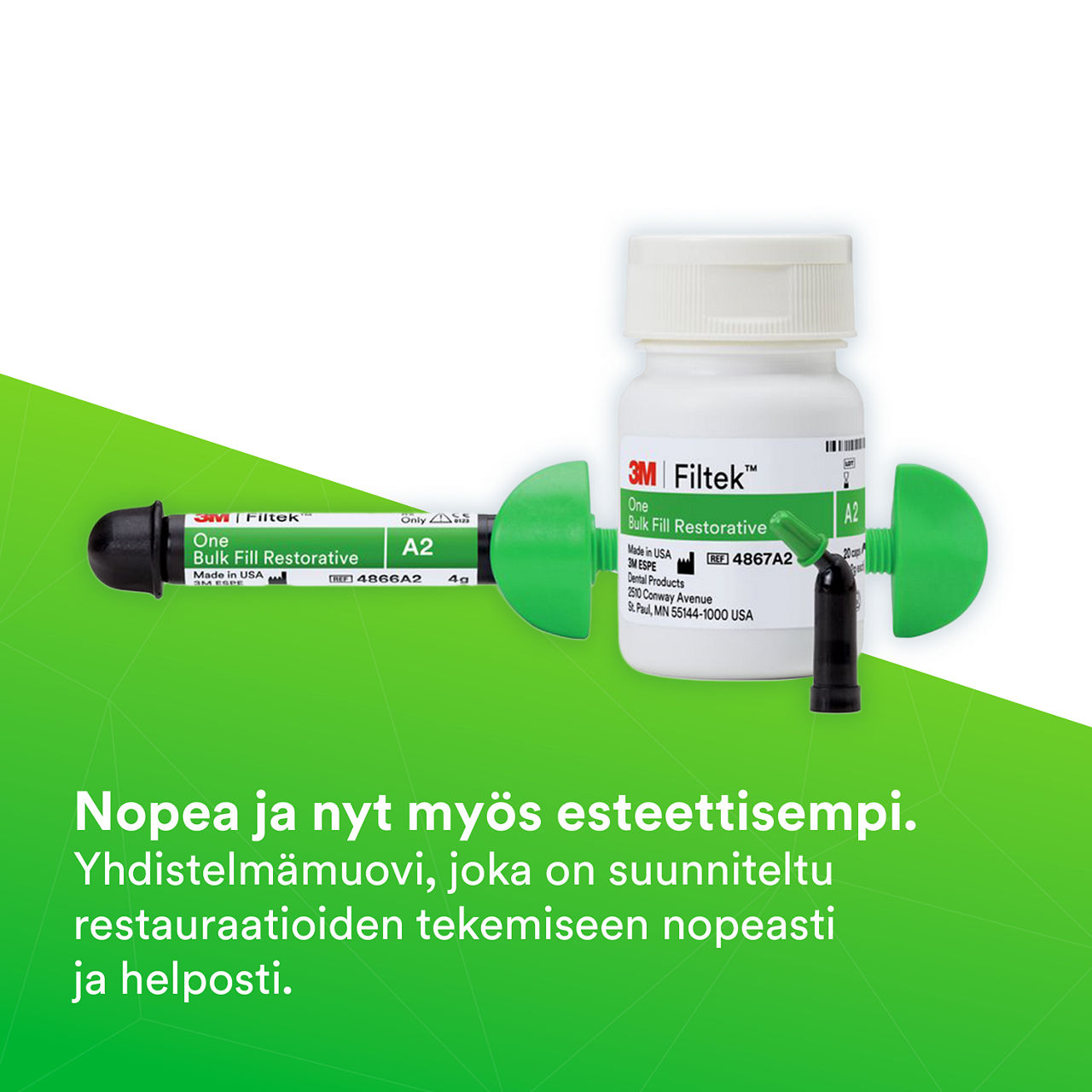 (1) 3M™ Filtek™ One Bulk Fill: Valittu nopeuden vuoksi, nyt esteettisempi.