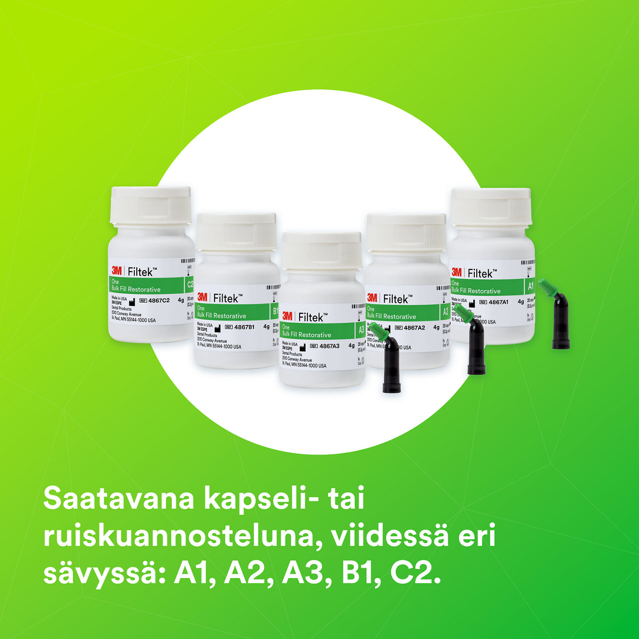 (6) 3M™ Filtek™ One Bulk Fill: Saatavana kapseli- tai ruiskutoimituksena 5 sävyssä