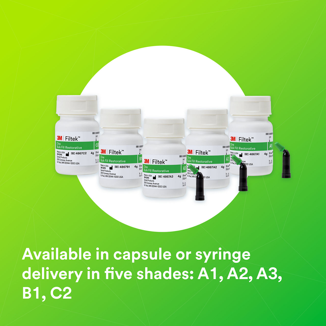 (6) 3M™ Filtek™ One Bulk Fill: Available in capsule or syringe delivery in 5 shades