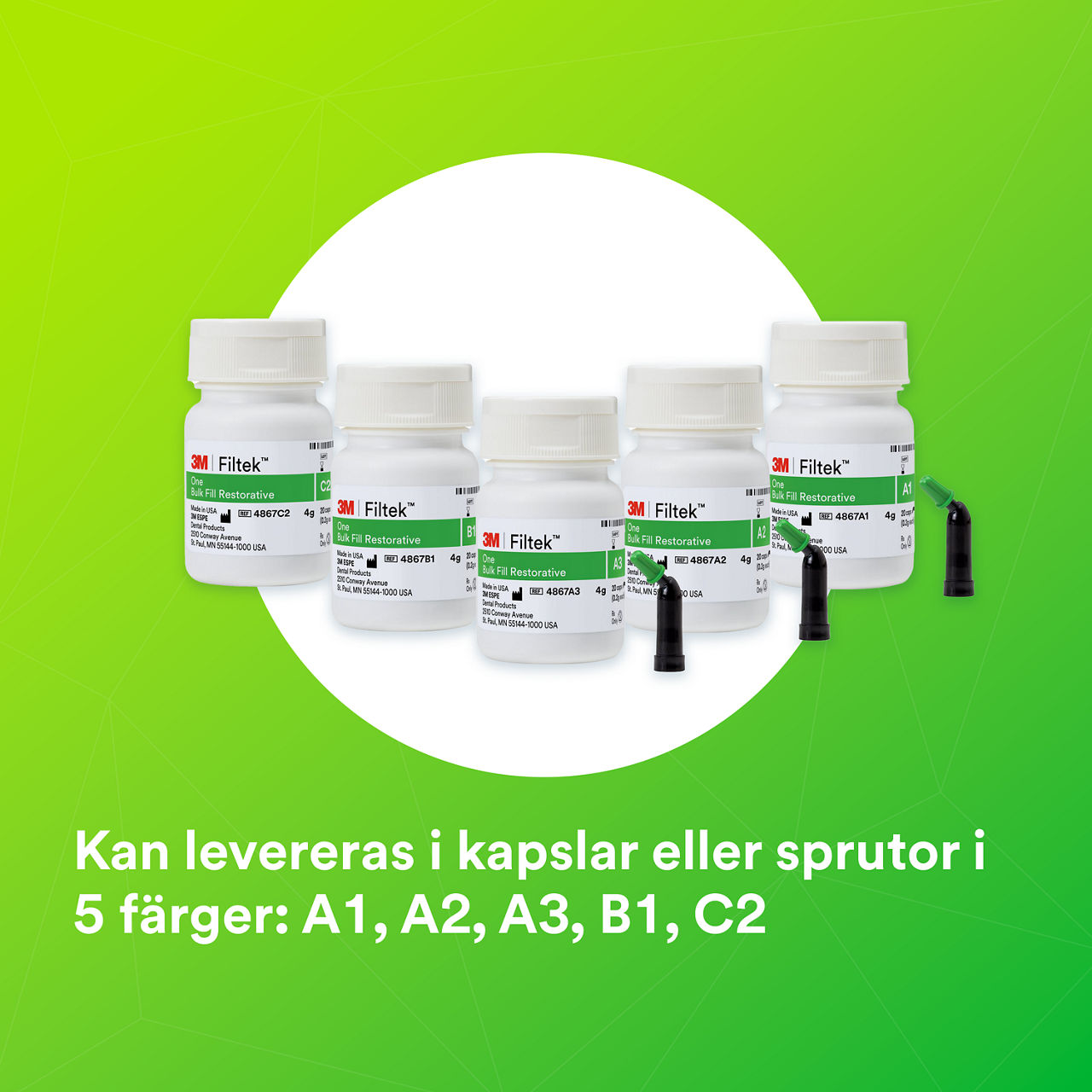 (6) 3M™ Filtek™ One Bulk Fill: Available in capsule or syringe delivery in 5 shades