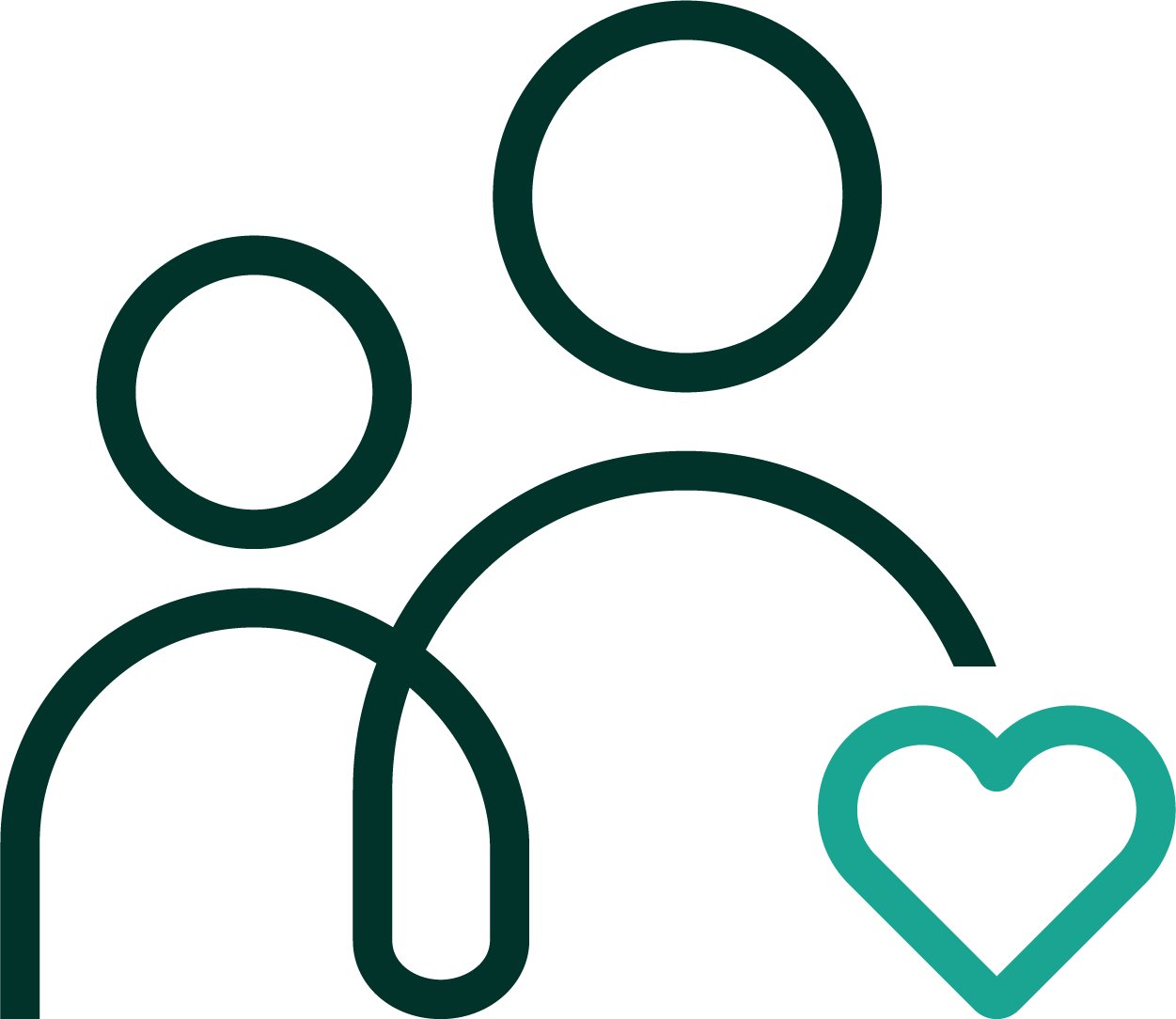 An iconographic representation of two people overlapping one another with a heart shape in the lower right to indicate patient comfort. Dark green and medium teal positive color palette.