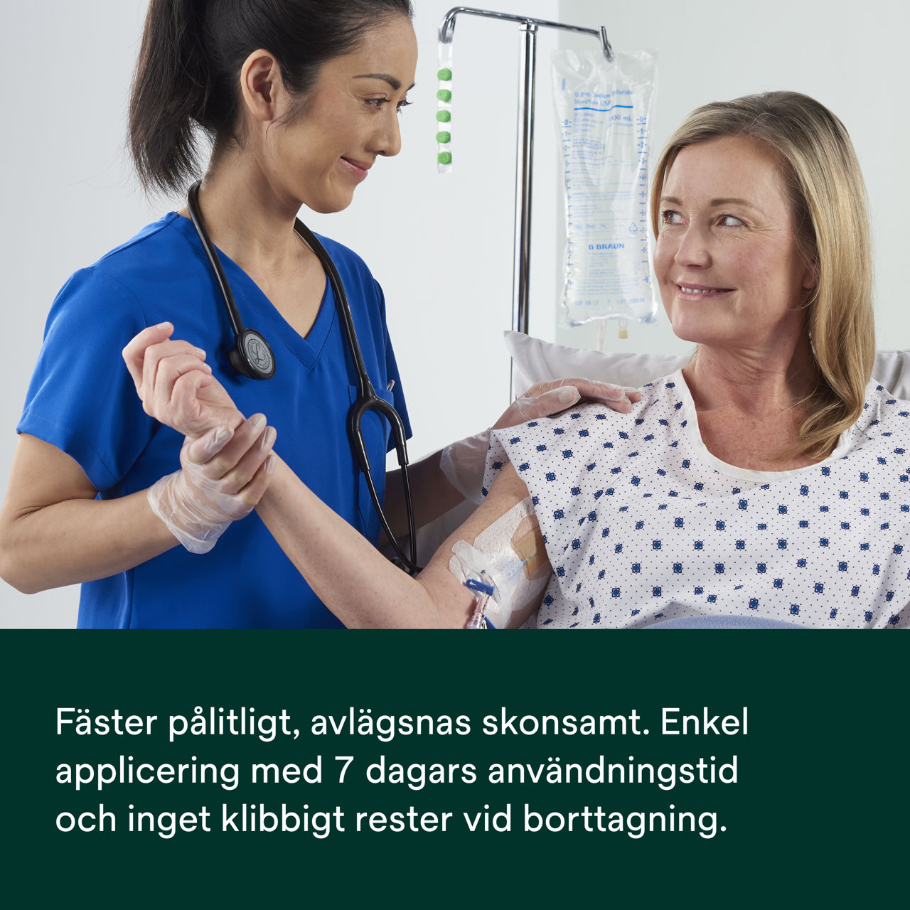 (5) PICC/CVC-anordning + CHG IV-förband: Fäster tillförlitligt, avlägsnas försiktigt