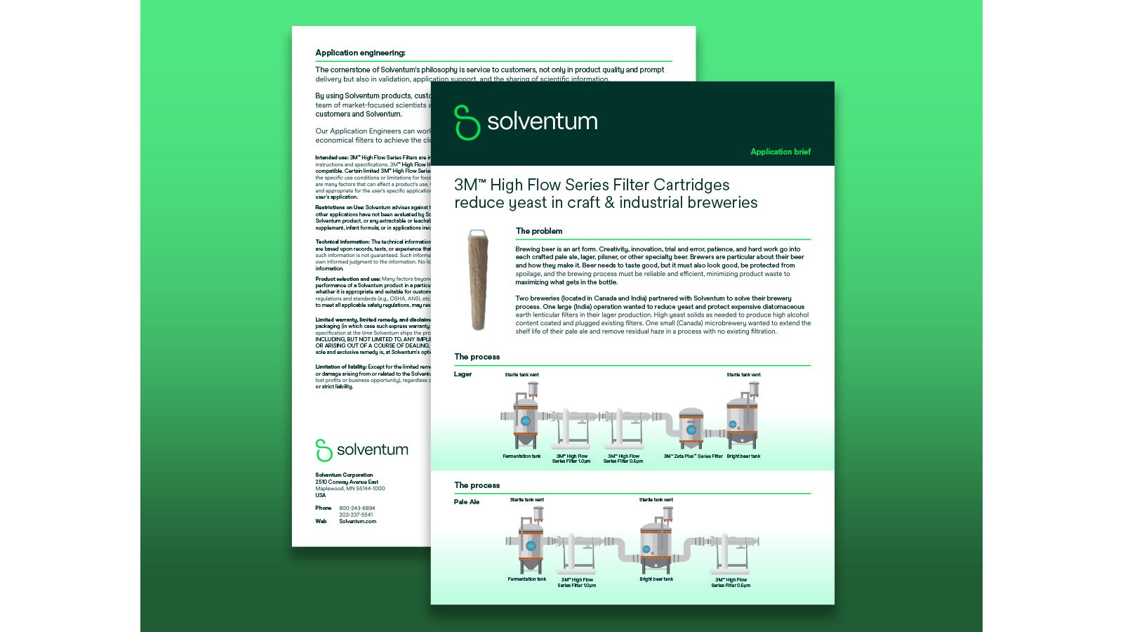 Image of two PDF documents with preview of the customer application brief on how 3M's High Flow Series filter cartridges help solve large and small brewery challenges.