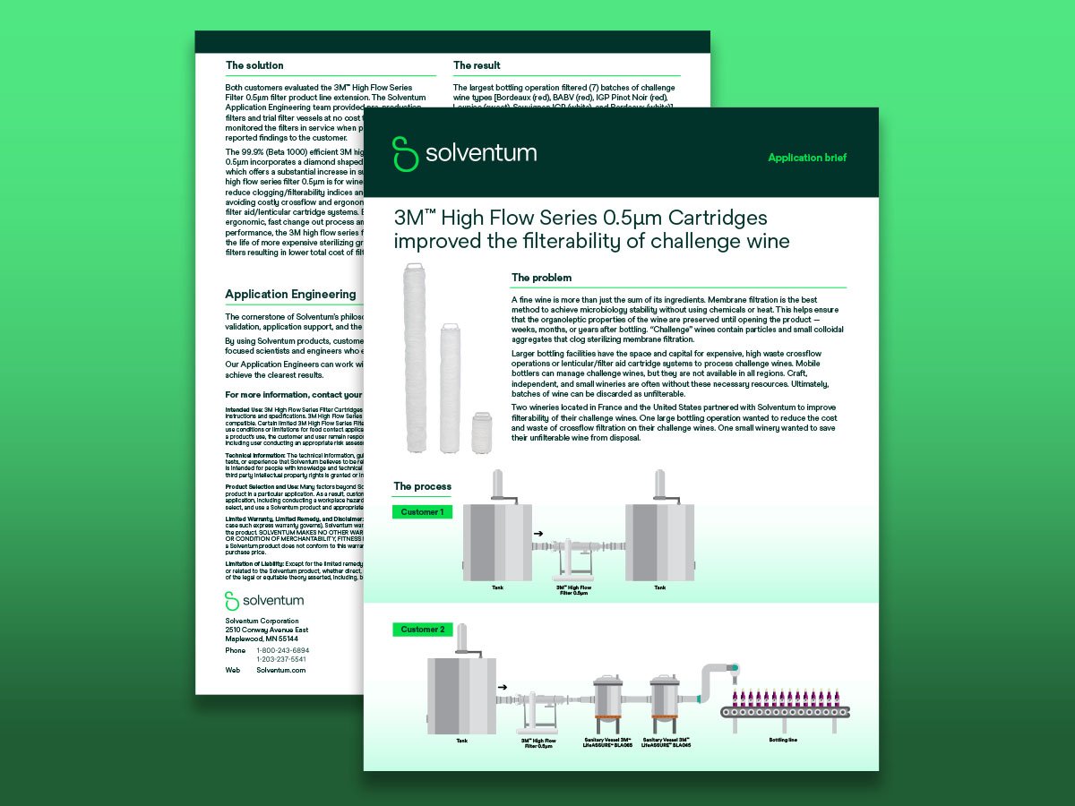 Image of two PDF documents with preview of the customer application brief on Improving the filterability of challenge wine.