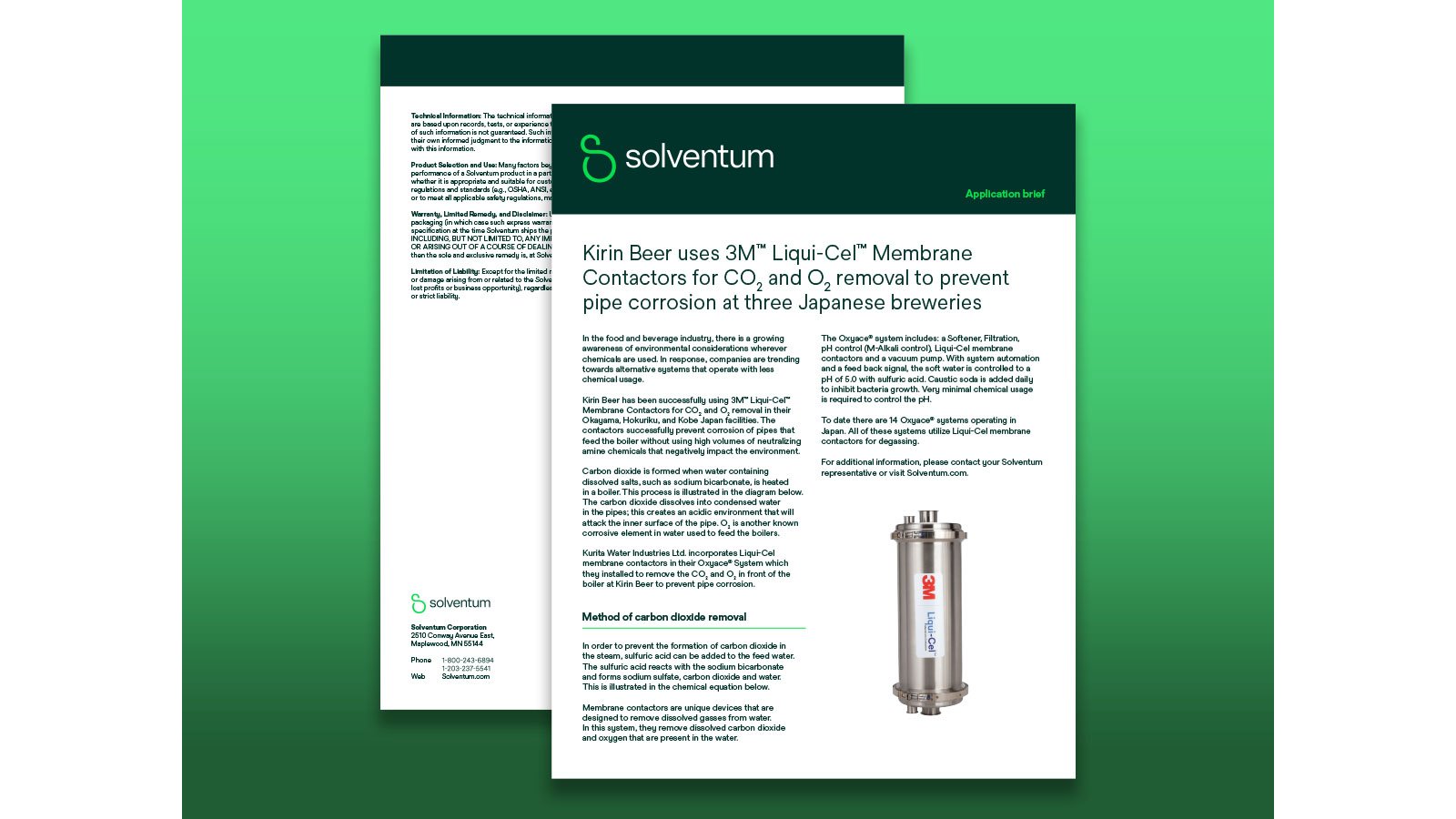 Image of two PDF documents with preview of the customer application brief on removal of CO2 and O2.