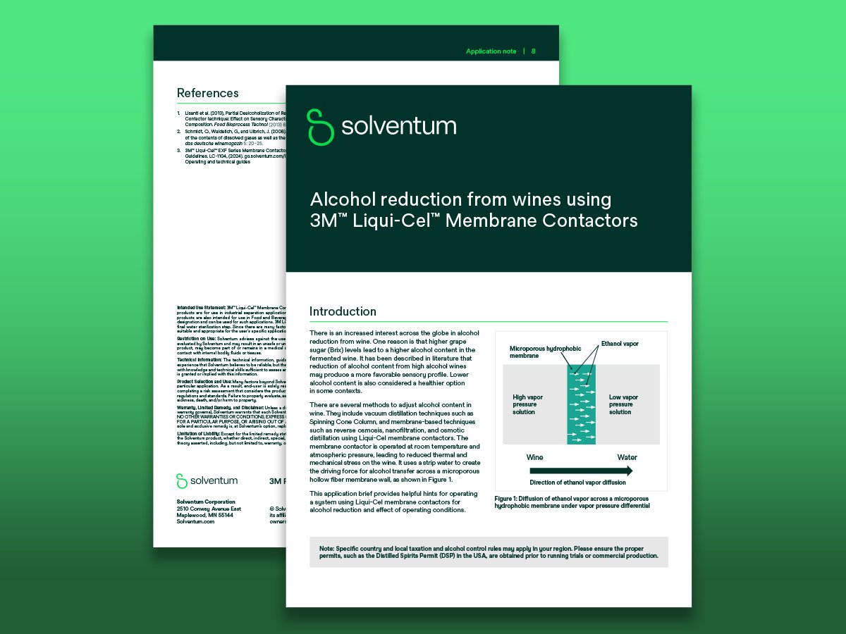 Image of two PDF documents with preview of the customer application brief on alcohol reduction from wines using Liqui-Cel™ contactors.
