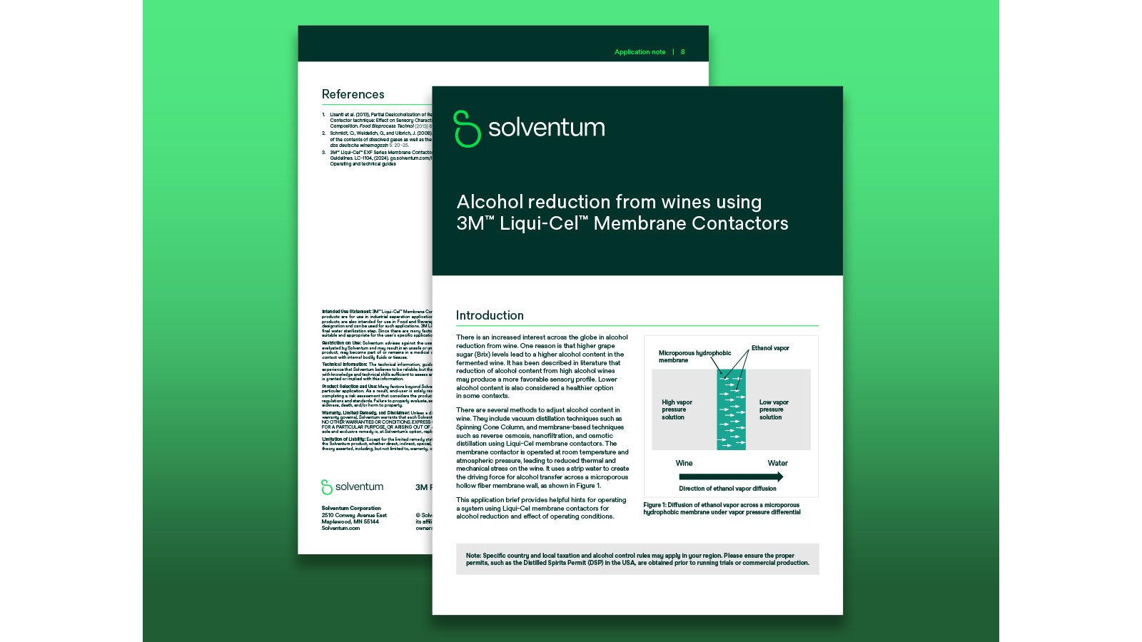 Image of two PDF documents with preview of the customer application brief on alcohol reduction from wines using Liqui-Cel™ contactors.