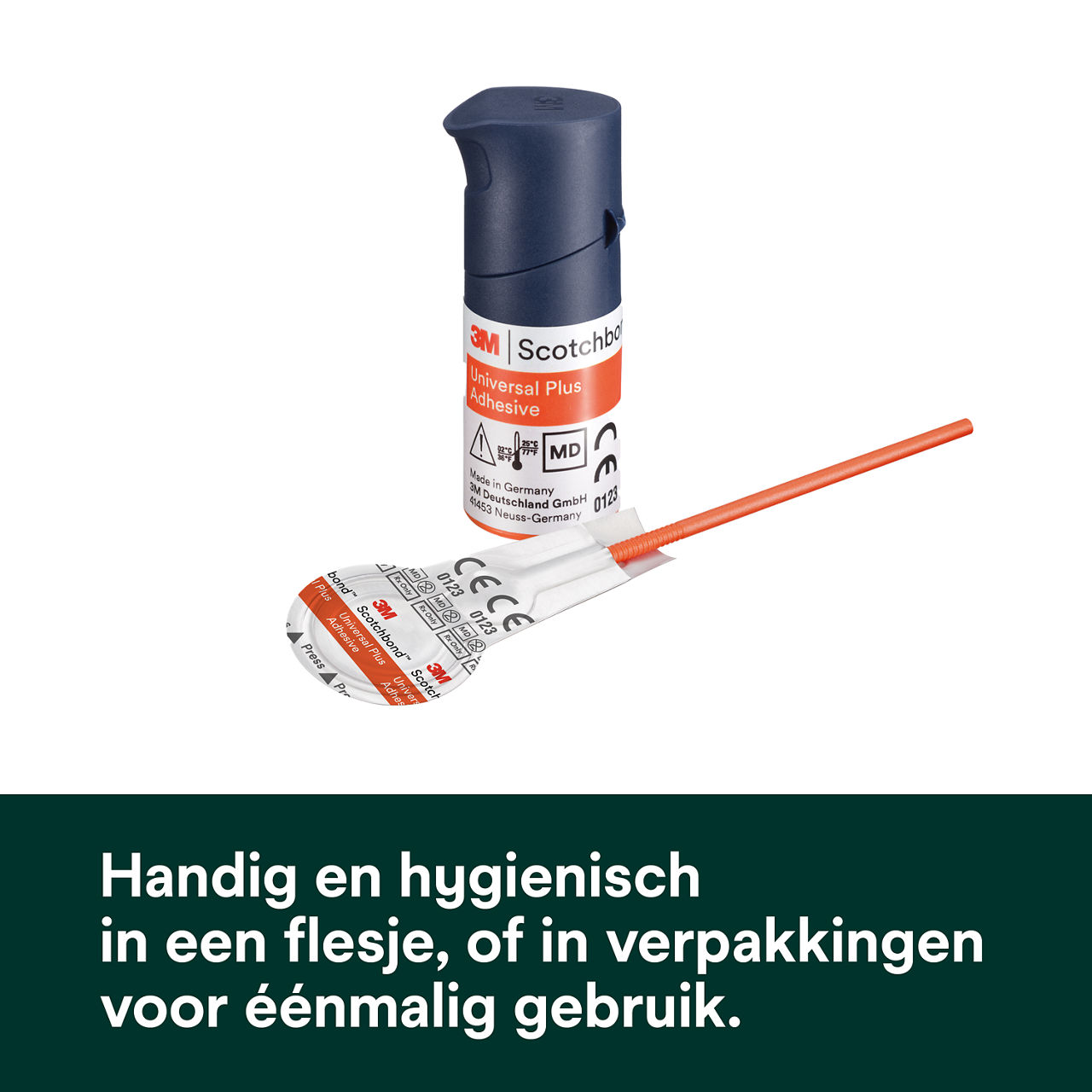 (4) Scotchbond Universal Plus Adhesief: Gemakkelijke en hygiënische levering met een unit-dosis dispenser.