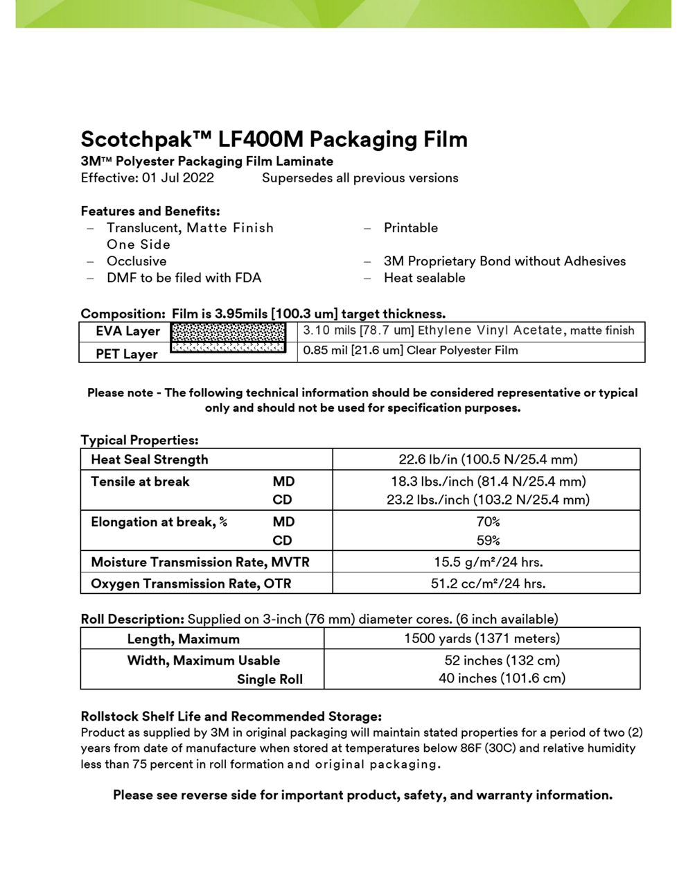3M™ Polyester Packaging Film Laminate LF400M, Technical Information Sheet