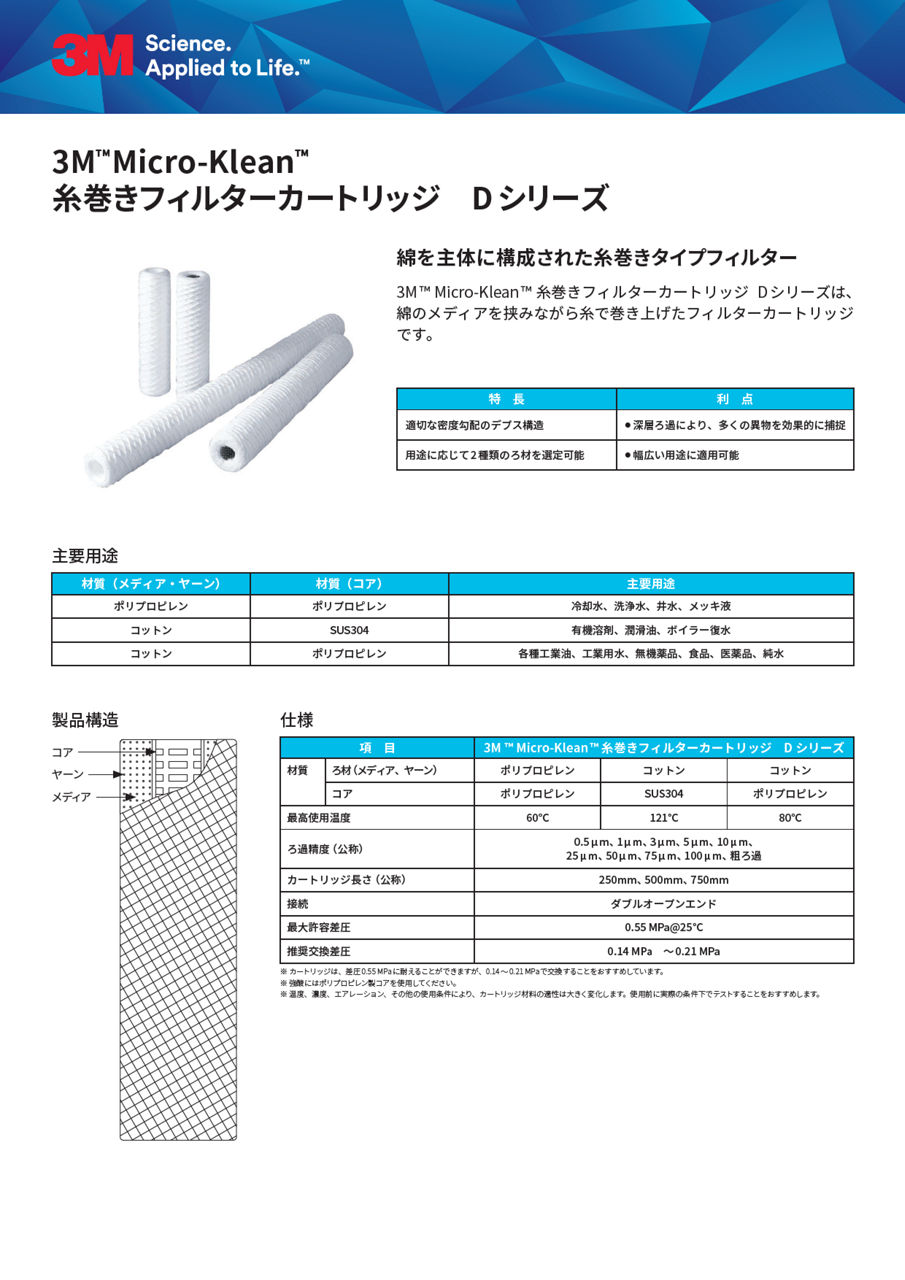 3M™ Micro-Klean™ 糸巻きフィルターカートリッジ　D シリーズ