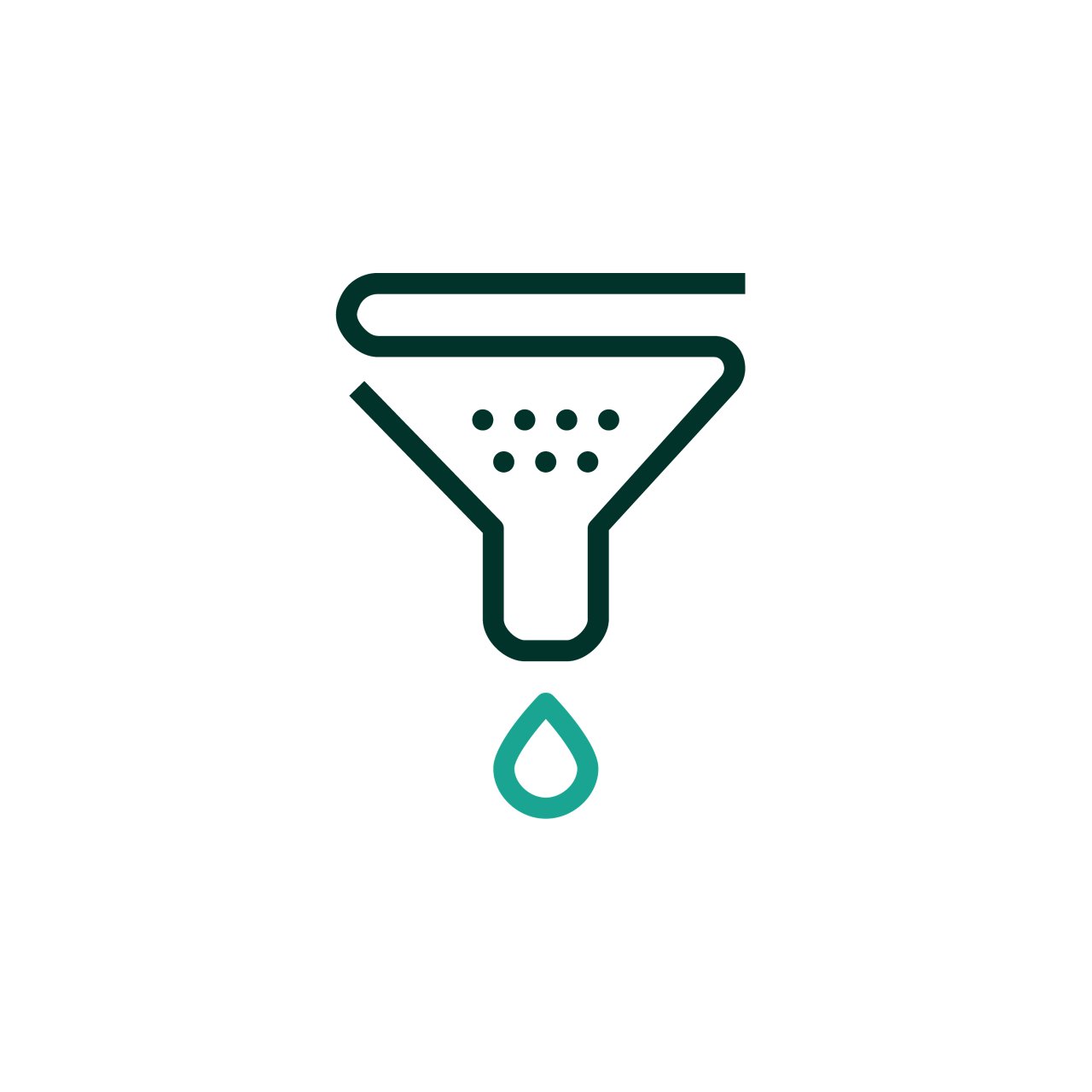 Icon of a filter with droplets in it and exiting the filter to represent purification of the liquid.