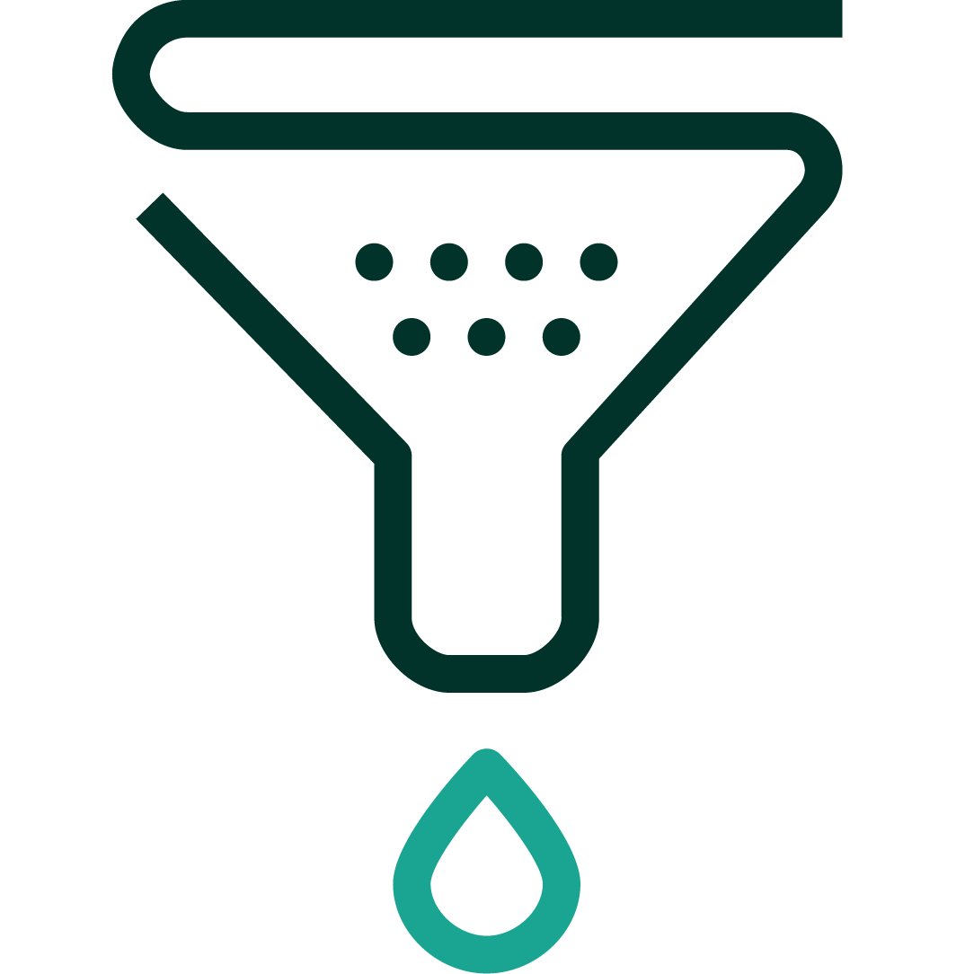 A symbol, icon, of a filter with droplets in it and a drop exiting the filter to represent purification of the liquid