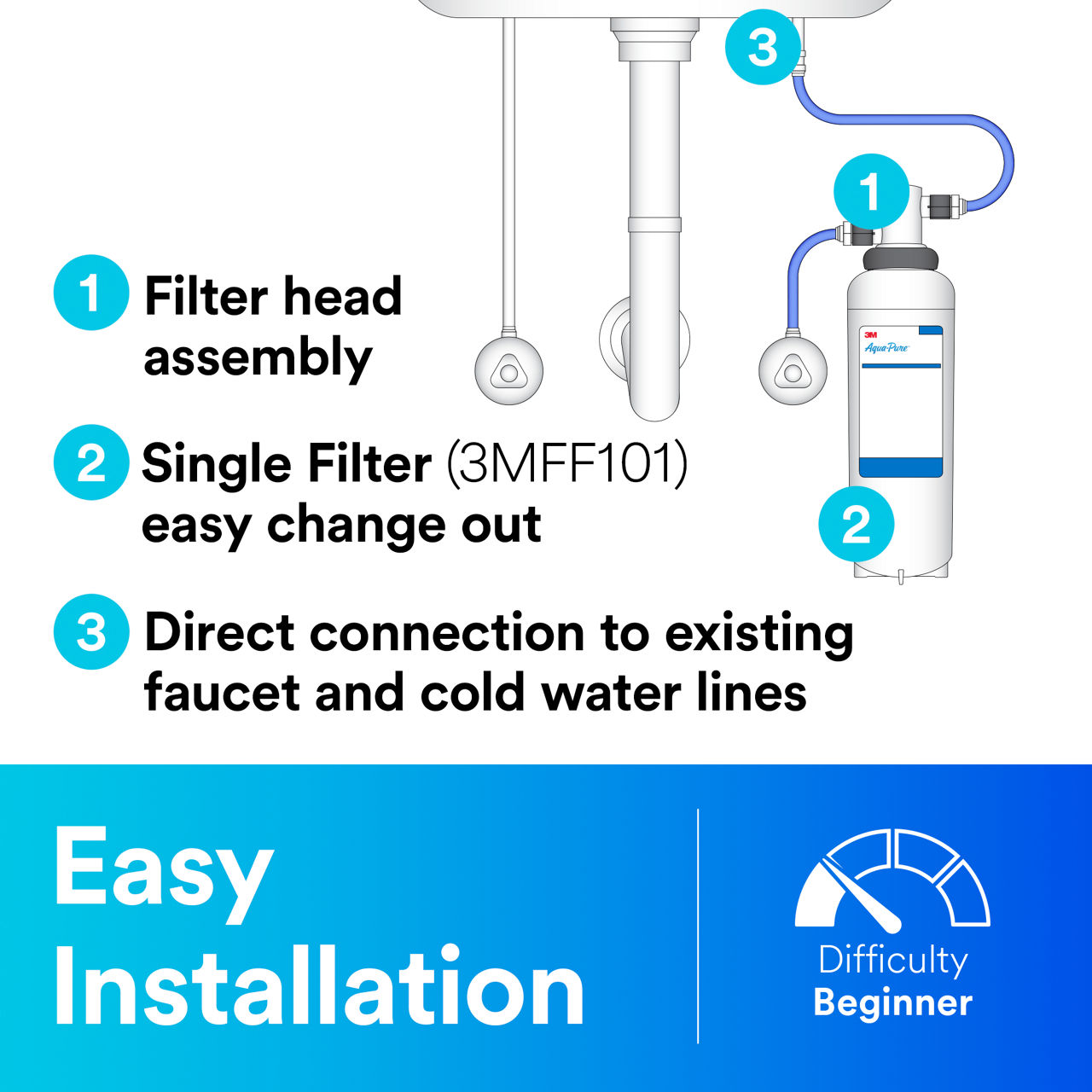 3M™ Under Sink Water Filter System, 3MFF100 B+ Content, Easy Installation