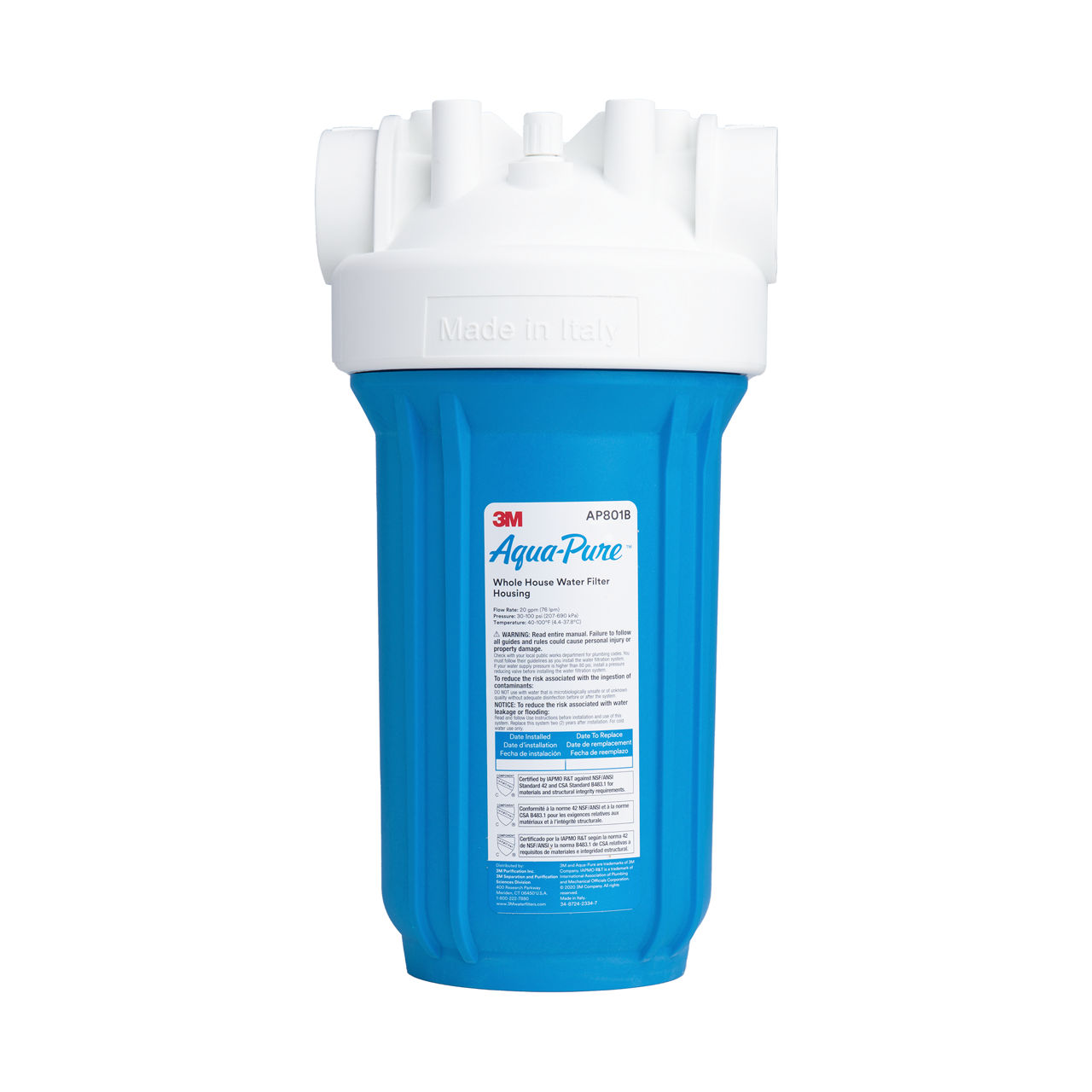 3M™ Aqua-Pure™ AP800 Series Whole House Filter Housing AP801B, 5639201,Large Diameter, Blue Sump, 10 in, 2/Case
