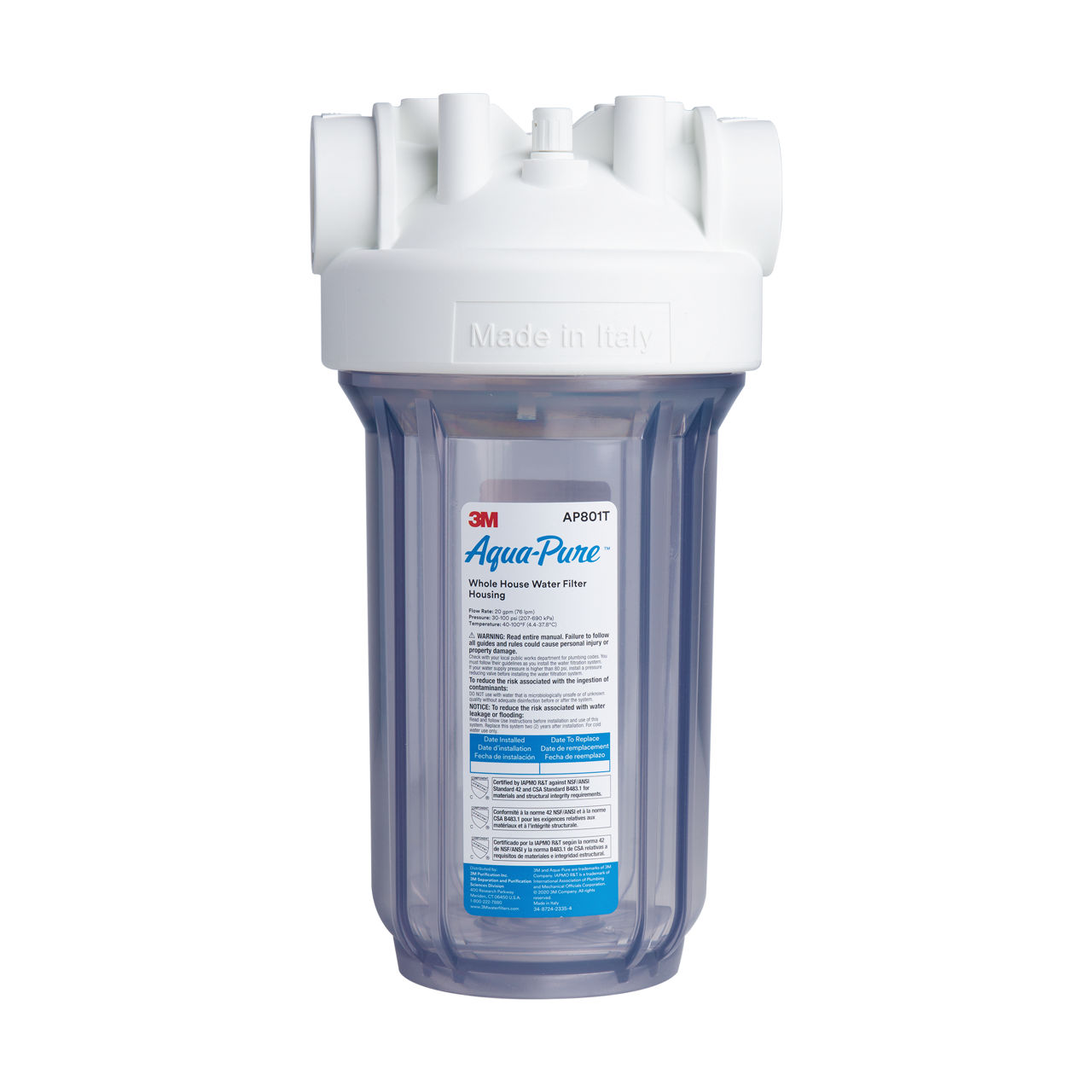 3M™ Aqua-Pure™ AP800 Series Whole House Filter Housing AP801T, 5639203,Large Diameter, Transparent Sump, 10 in, 2/Case