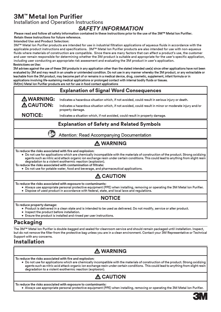 3M™ Metal Ion Purifier Installation and Operation Instructions