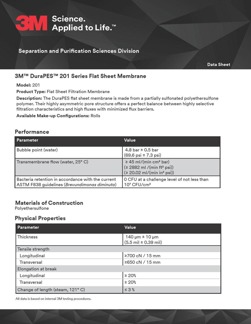 3M DuraPES 201 Series Flat Sheet Membrane Data Sheet