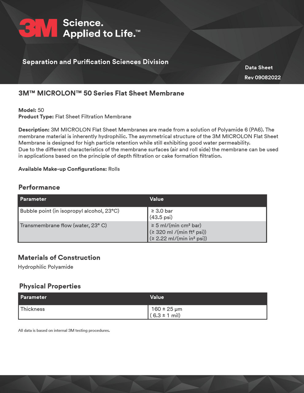 3M MICROLON 50 Series Flat Sheet Membrane Data Sheet