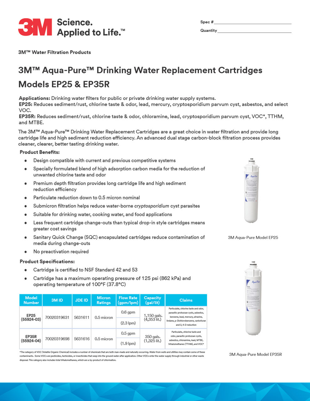 3M Aqua-Pure Drinking Water Replacement Cartridges Model EP25 and EP35R Specifications 