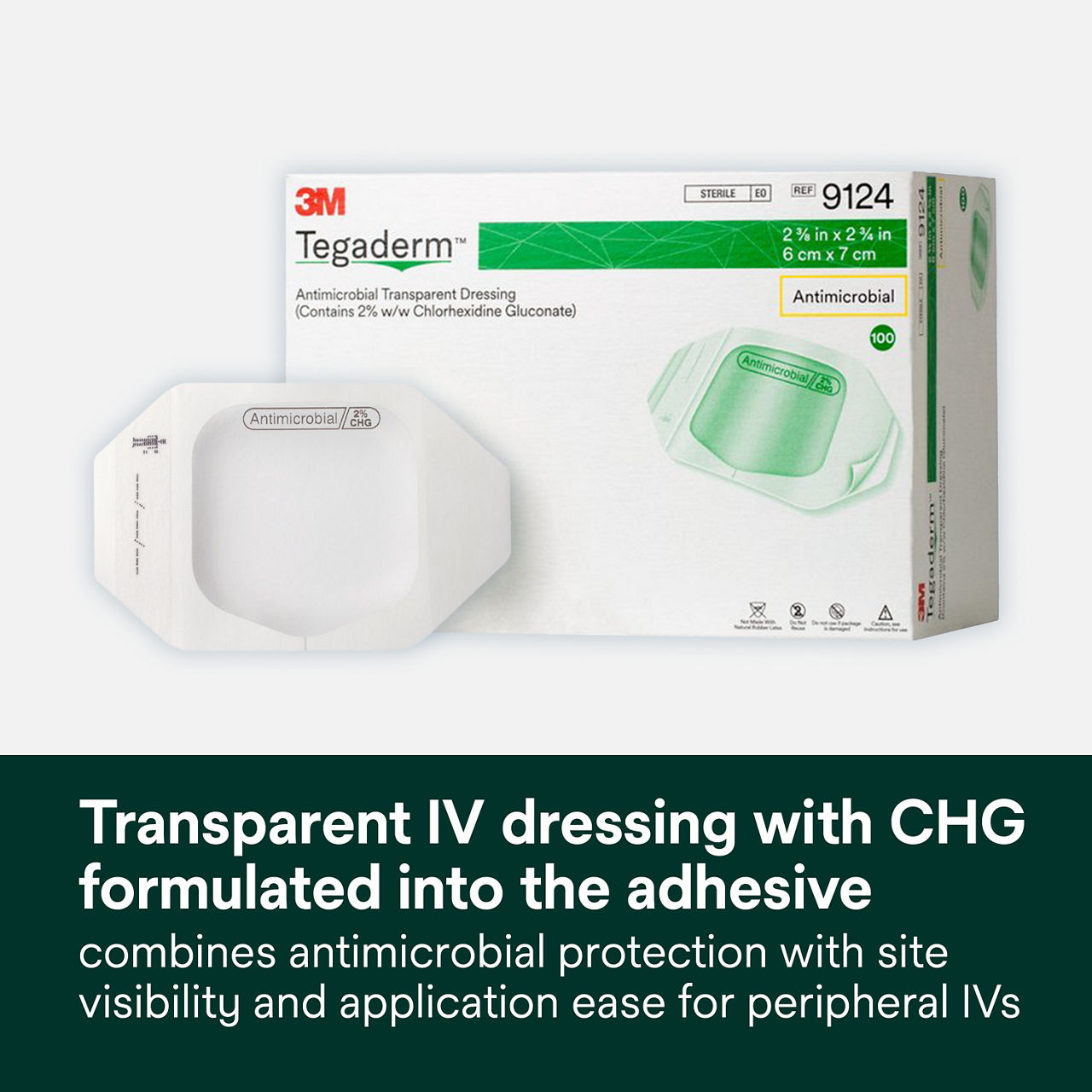 (1) Tegaderm 9124: Transparent IV dressing with CHG formulated into the adhesive