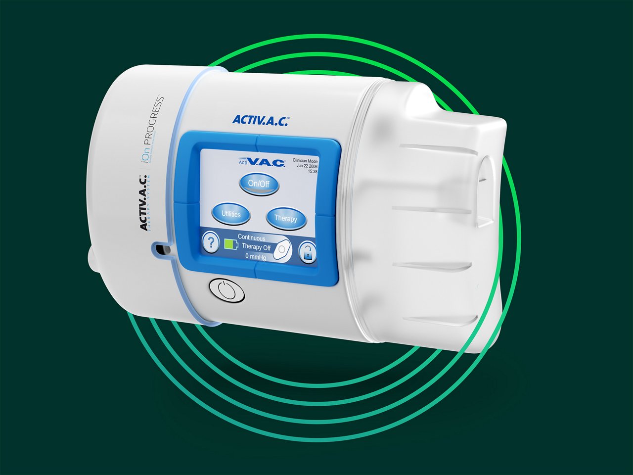 Image of ActiVAC therapy unit against a dark green background.