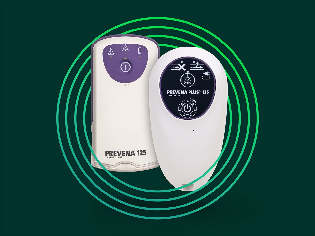Image of the Prevena 125 and Prevena Plus 125 therapy unit against a dark green background.