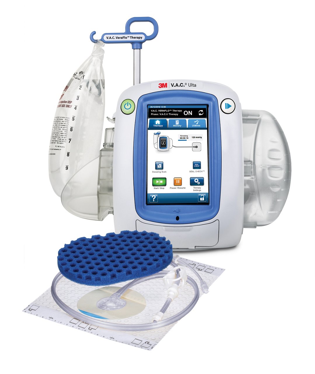 3M™ V.A.C.® Ulta 4 Therapy Unit, IV Pole with saline bag, 3M logo, 3M™ V.A.C.® Therapy, 3M™ V.A.C. Veraflo Cleanse Choice™ Dressing Kit - Medium, 3M™ V.A.C. Dermatac™ Drape, 3M™ V.A.C.® Ulta 4 Therapy System, group product image, rgb, jpg