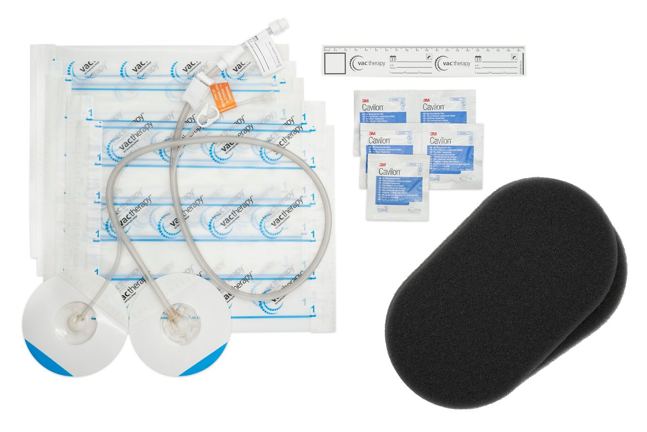 3M™ V.A.C. Veraflo™ Large Dressing Kit, 3M™ V.A.C. VeraT.R.A.C. Duo™ Tube Set, 3M™ V.A.C.® Granufoam™ Dressing, 3M™ V.A.C.® Drape, 3m™ Cavilon™ No Sting Barrier Film, ruler, 3M™ Veraflo™ Therapy, 3M™ V.A.C.® Ulta Therapy, Group product image, rgb, jpg