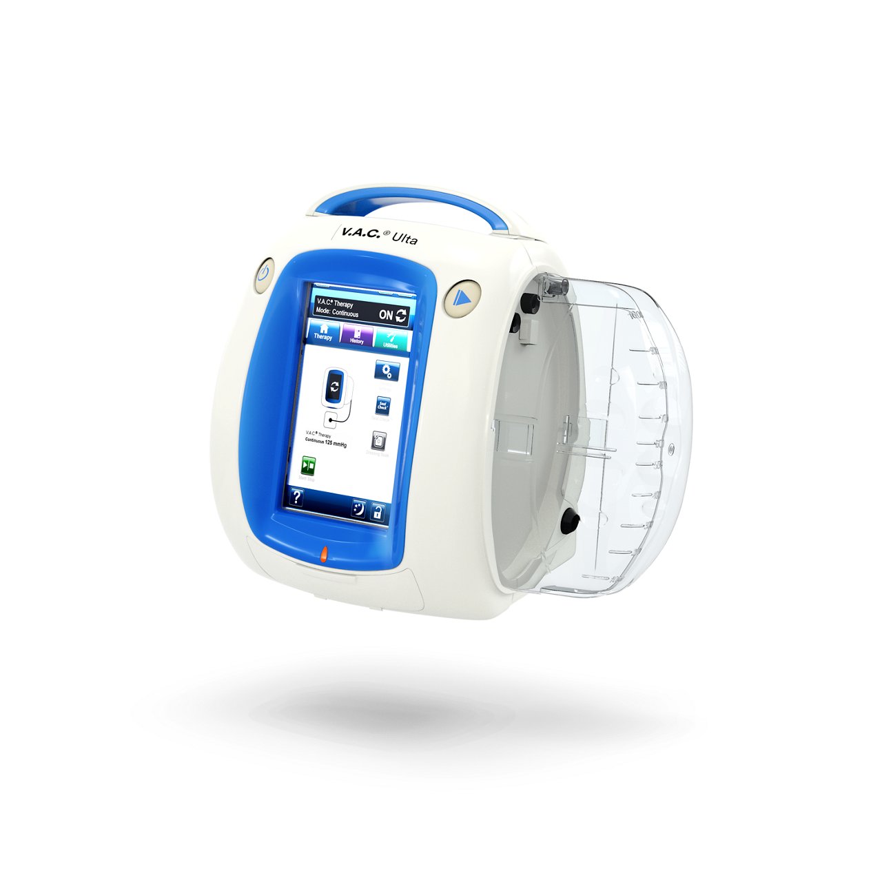 Rendered image of the 3M™ V.A.C.® Ulta Therapy Unit with cassette from a 3/4 left side view