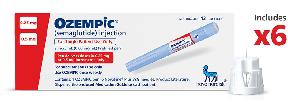 0.25 mg or 0.5 mg dose Ozempic® pen, 0.25 mg or 0.5 mg dose Ozempic® pen package includes 6 needles