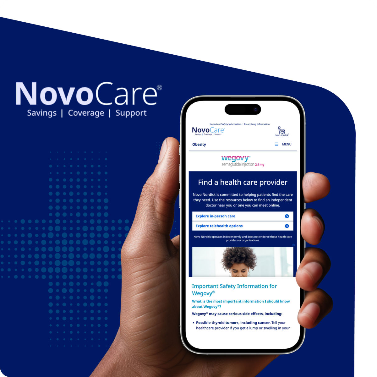 NovoCare® homepage on phone screen