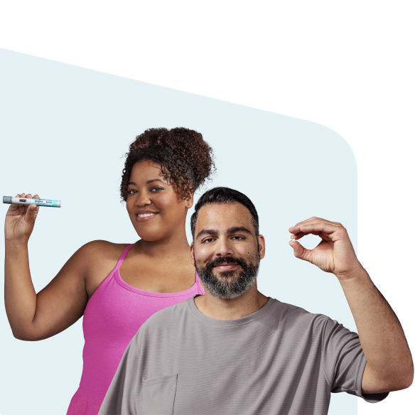 Portrayed patients holding Wegovy pen and pill