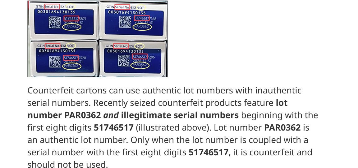 Box image featuring the serial and lot number of counterfeit Ozempic® product