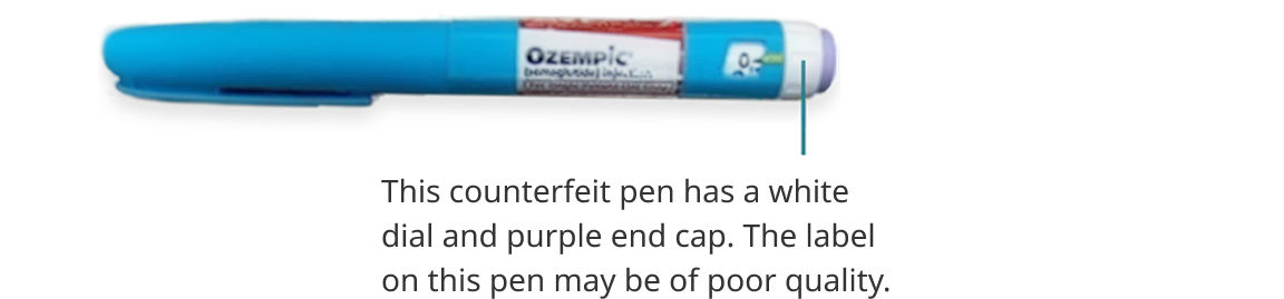 Counterfeit pen with a white dial, purple end cap, and poor-quality label