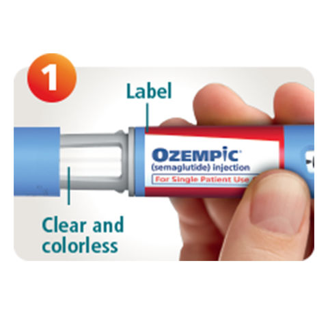 Hand holding Ozempic® pen showing the label and that the pen is clear and colorless