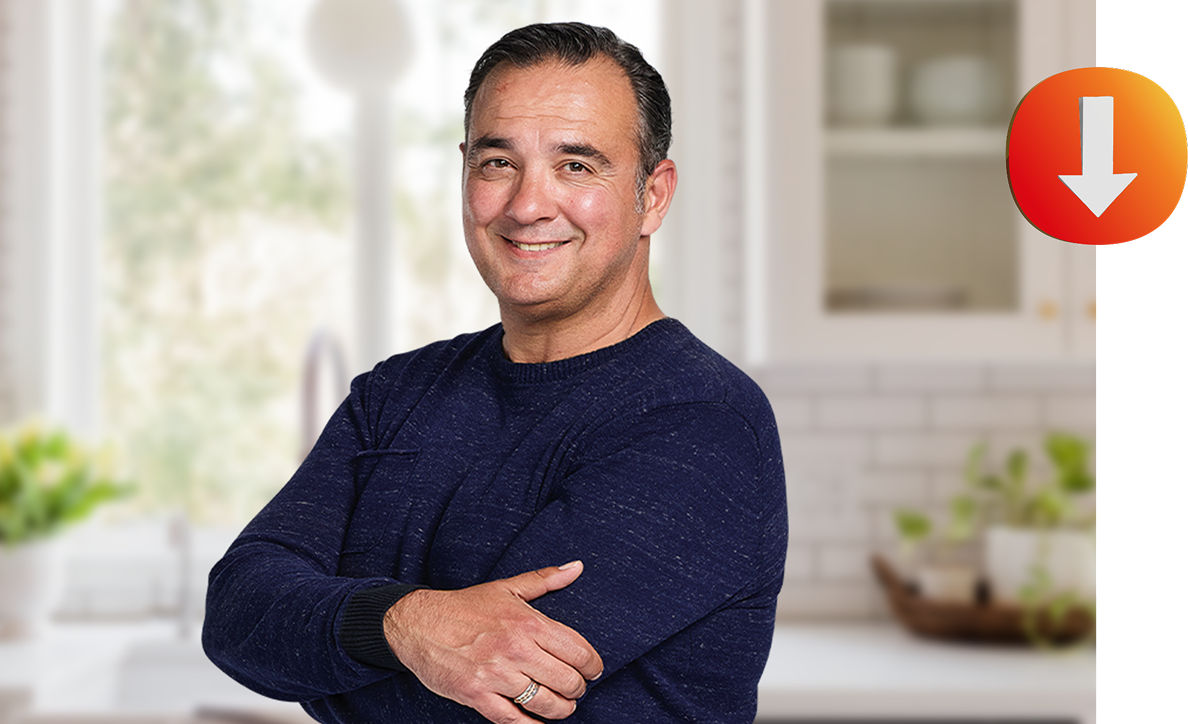 Man smiling with arrow icon to the right