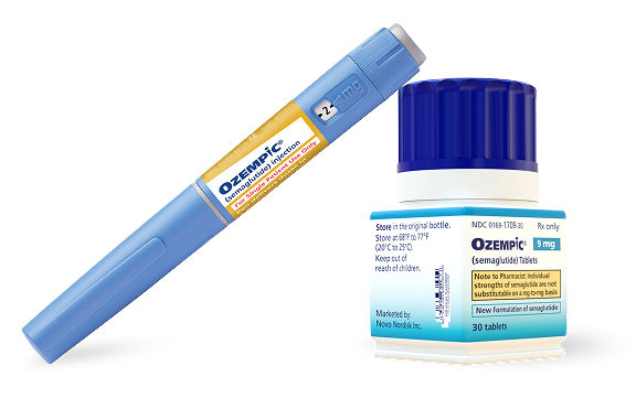 2 mg dose Ozempic® pen and 9 mg dose Ozempic® pill bottle
