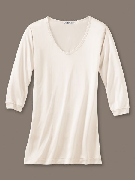 ¾-Sleeve Low-Cut Undershirt in Lightweight Filament Silk | WinterSilks