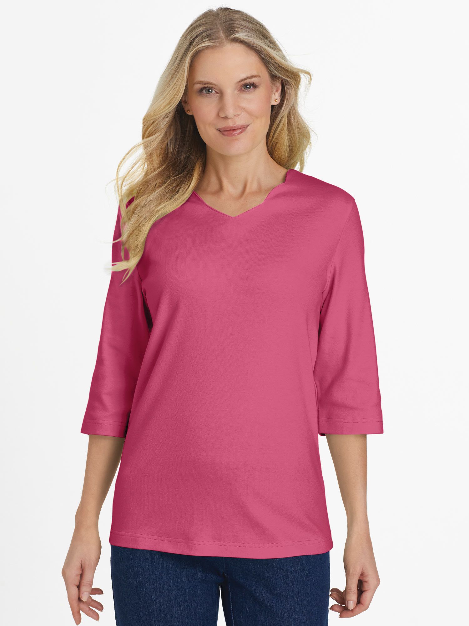Essential Knit Elbow-Length Scalloped Top