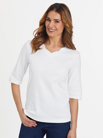 Essential Knit Elbow-Length Scalloped Top - Image 1 of 6