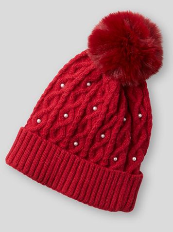 Pearl-Trimmed Cable-Knit Pom-Pom Hat