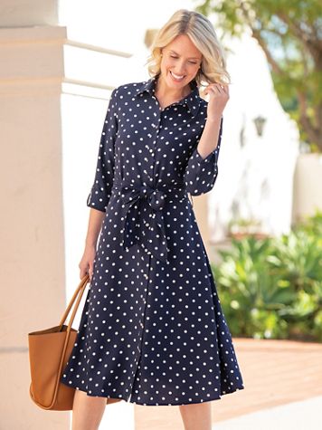 Dot Print Belted Crepe Shirtdress - Image 1 of 3