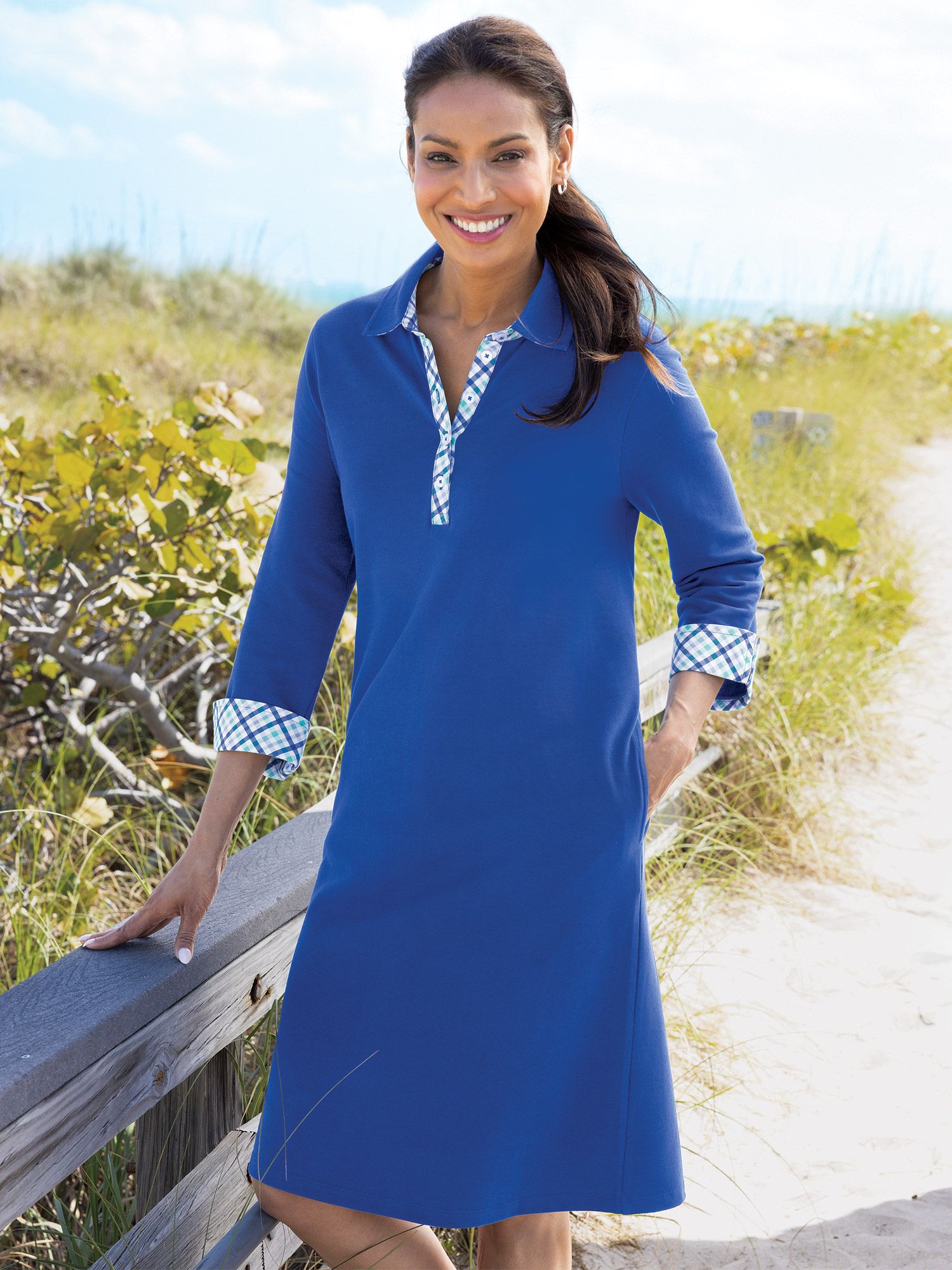 Gingham-Trim Piqué Polo Dress